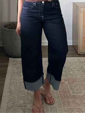 RISEN JEANS Women's Dark Blue Wide Leg Jeans with Rolled Cuff